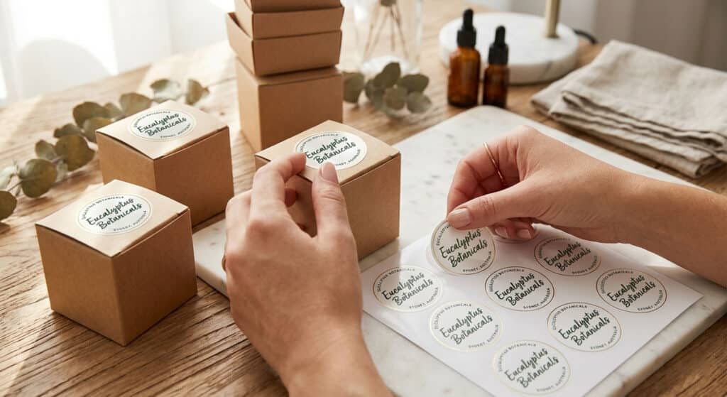 Custom printed round gloss paper stickers being applied to brown kraft retail product boxes.