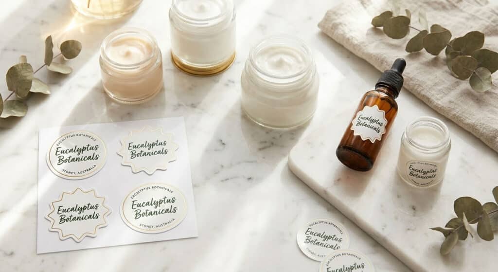 High-shine gloss paper stickers used as branding labels on amber glass cosmetic jars.
