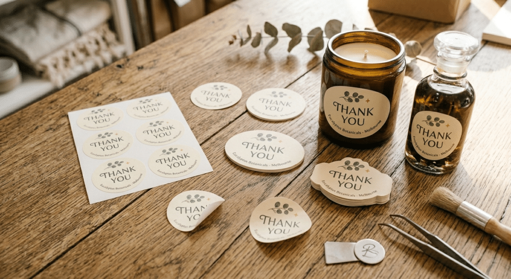 Professional custom paper stickers displayed with luxury glass candles