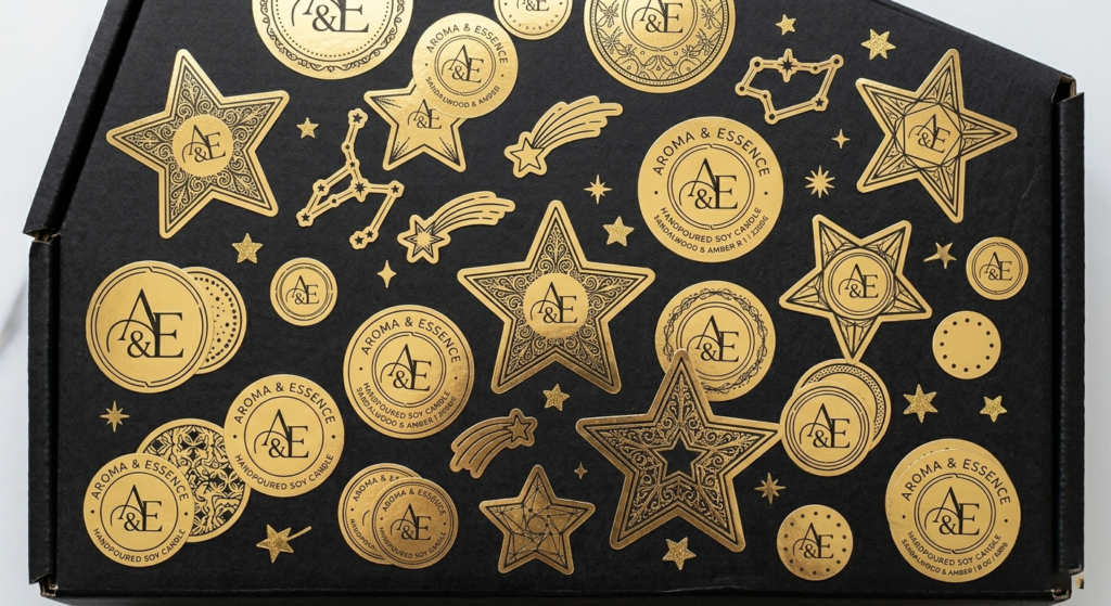 Custom Gold Foil Stickers on Packaging Various custom gold foil stickers scattered on a matte black shipping box.