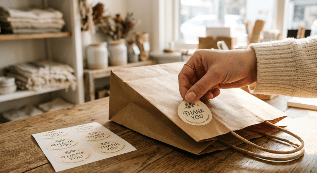 A close-up of a person applying a custom branded paper sticker to a shopping bag.