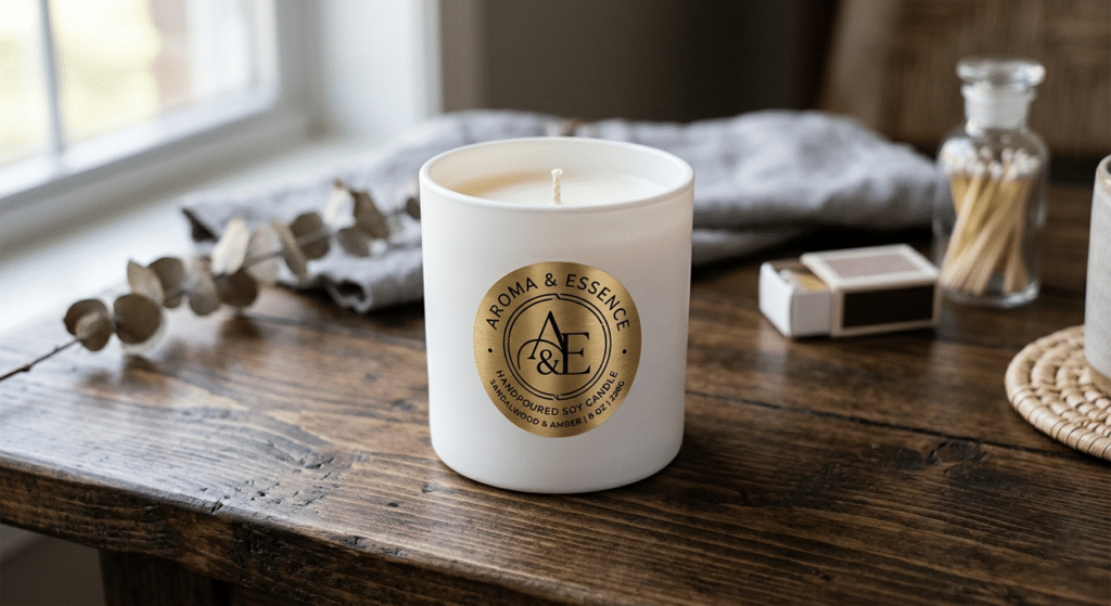 Luxury Gold Sticker Branding for Candles A round gold sticker applied to a minimalist candle jar on a dark table.