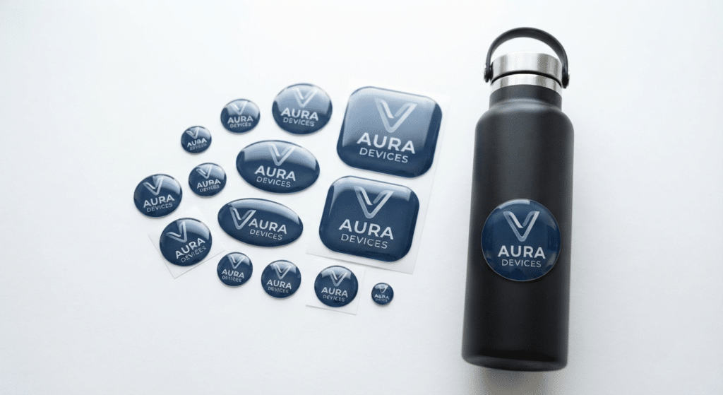 Assorted circular and rectangular Dome Stickers placed near a premium water bottle.