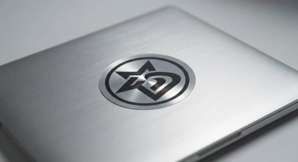 Metallic silver sticker logo applied to electronics product